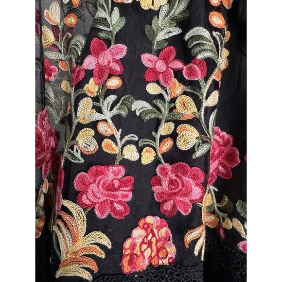 Boho Floral Embroidered Suzanne Betro Large Black Mesh Lace Flowy Blouson Dress - Picture 6 of 8
